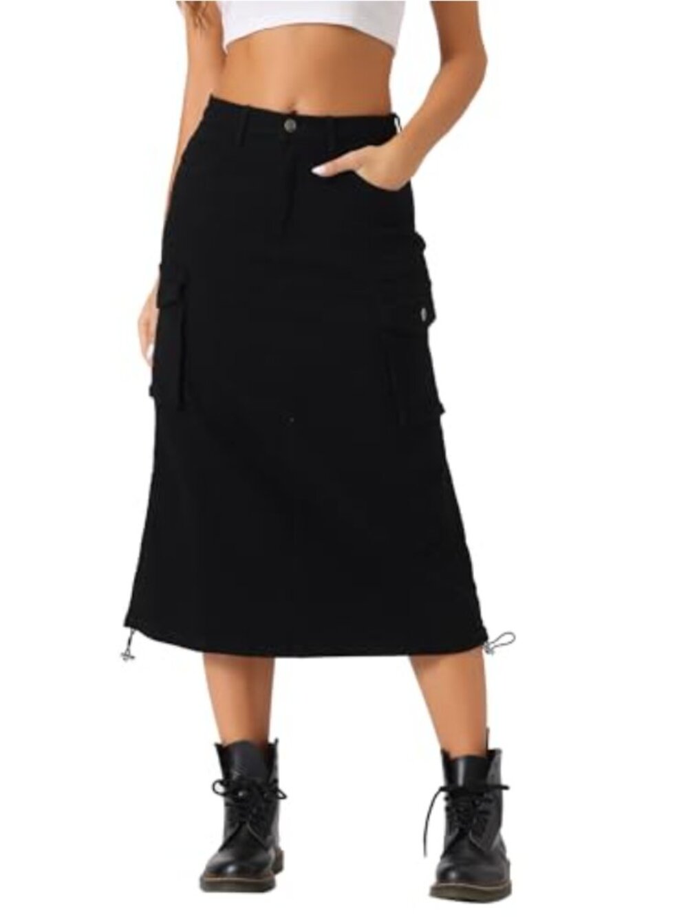 Cargo Midi Denim Skirt A-Line High Rise Drawstring Slit